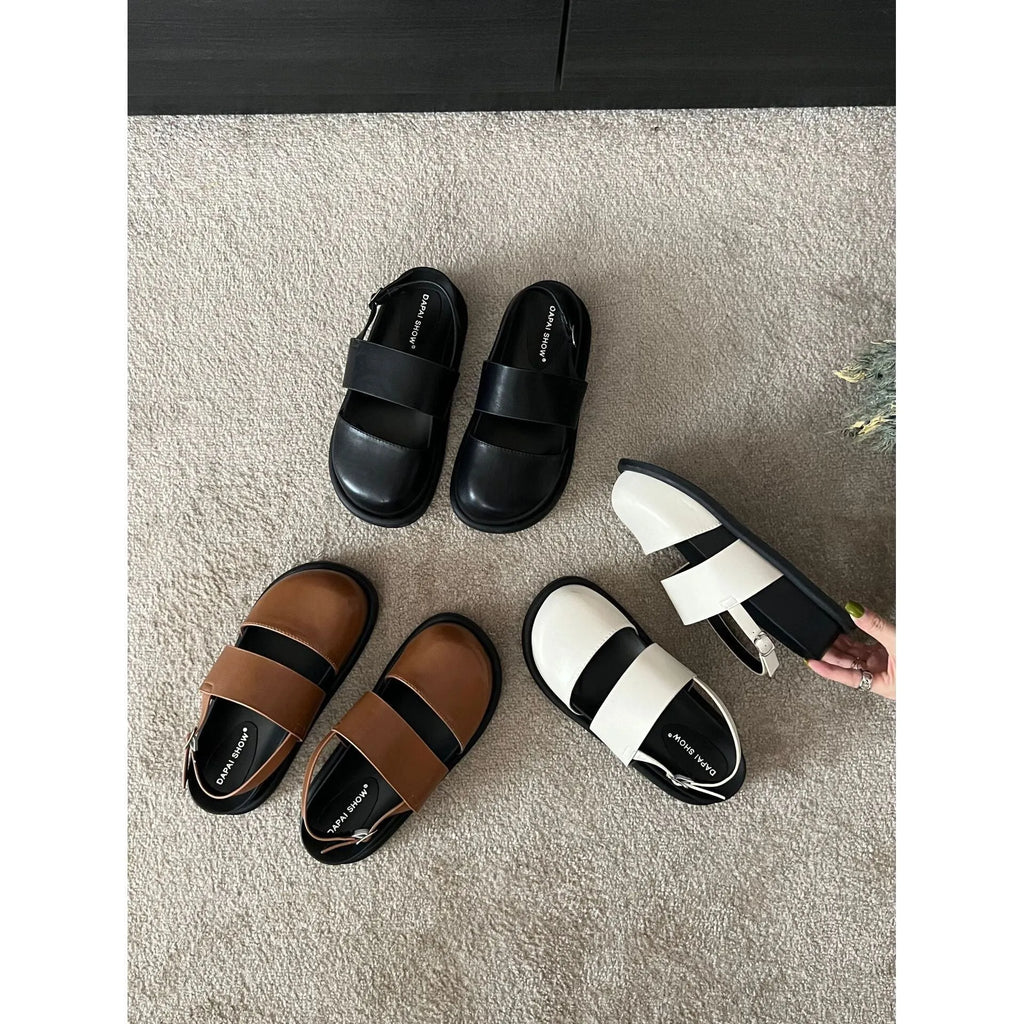 Retro one-strap sandals with buckle closure and breathable closed-toe design in microfiber