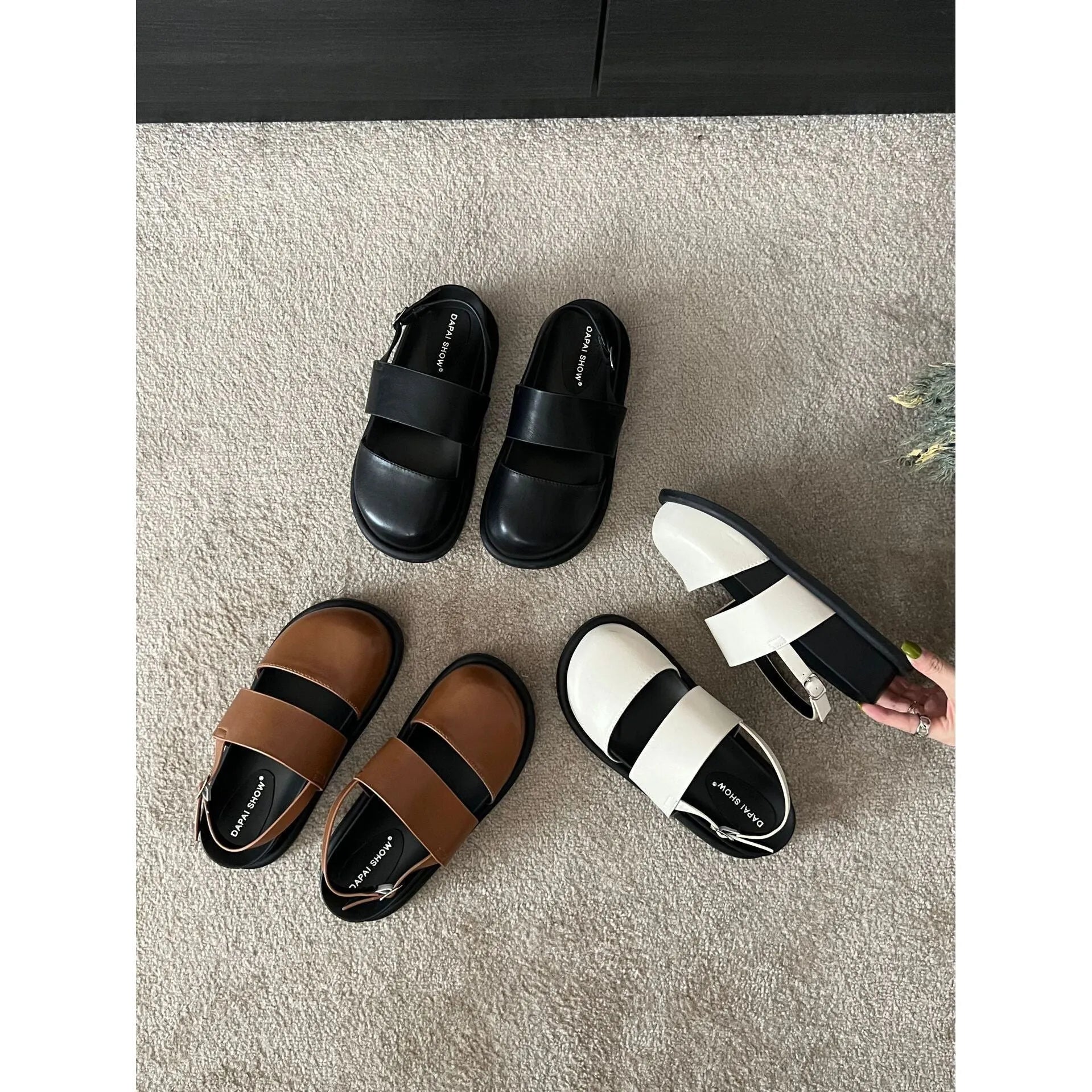 Retro one-strap sandals with buckle closure and breathable closed-toe design in microfiber