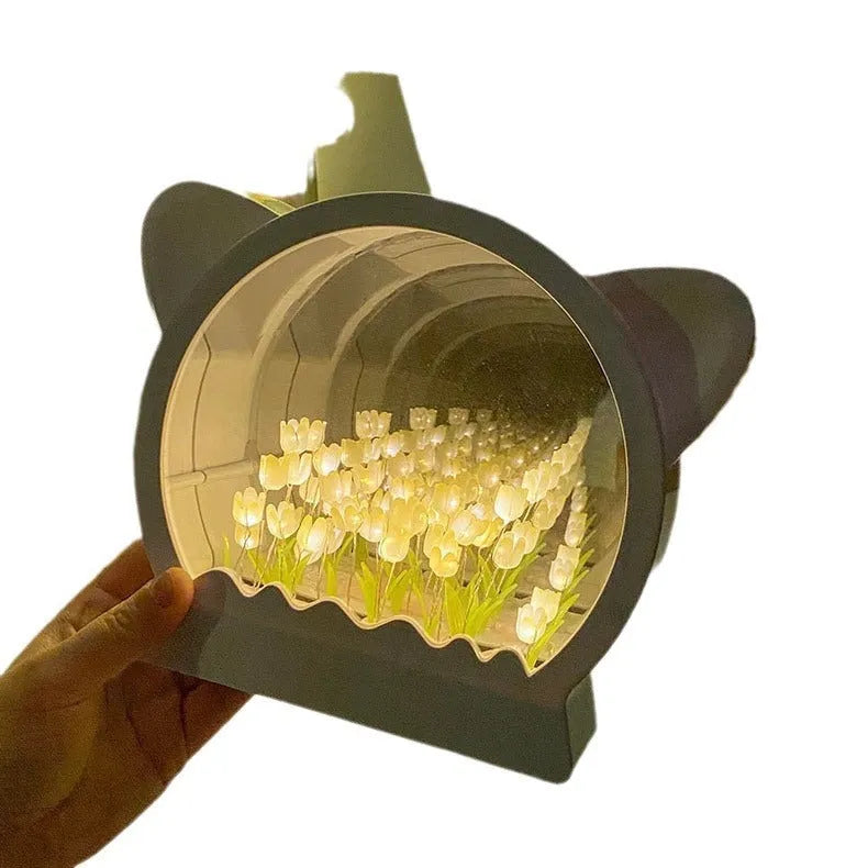 Handmade DIY cat head shaped night lamp with tulip flowers, shown in pink colour option.