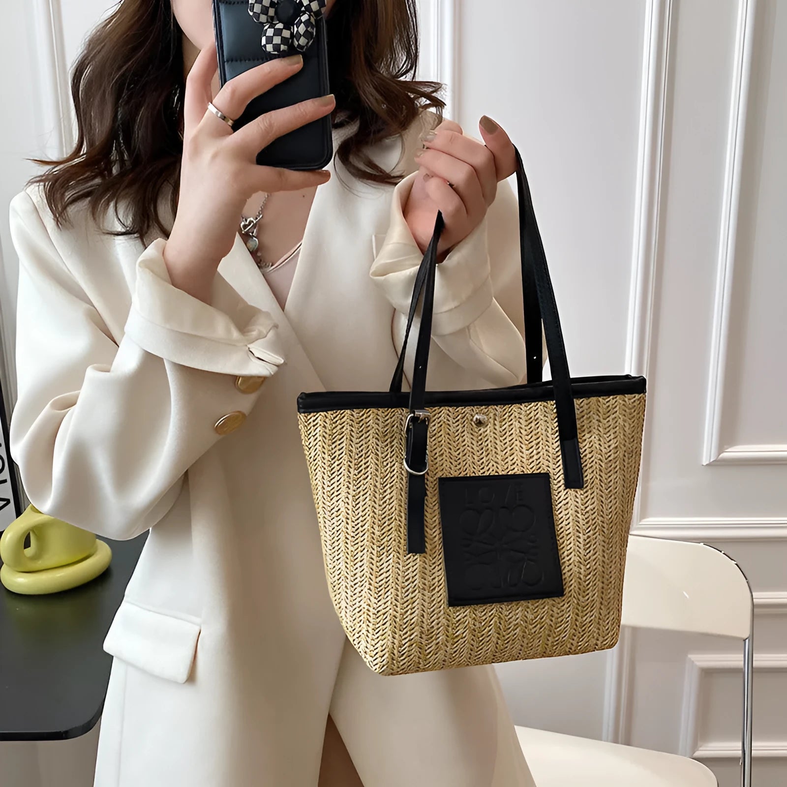 White and black straw woven women's shoulder bag with retro styling and large capacity dimensions