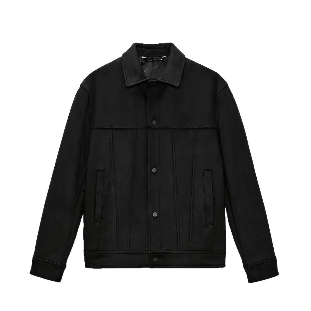 Men's black hooded jacket with suede collar showing front view with pockets