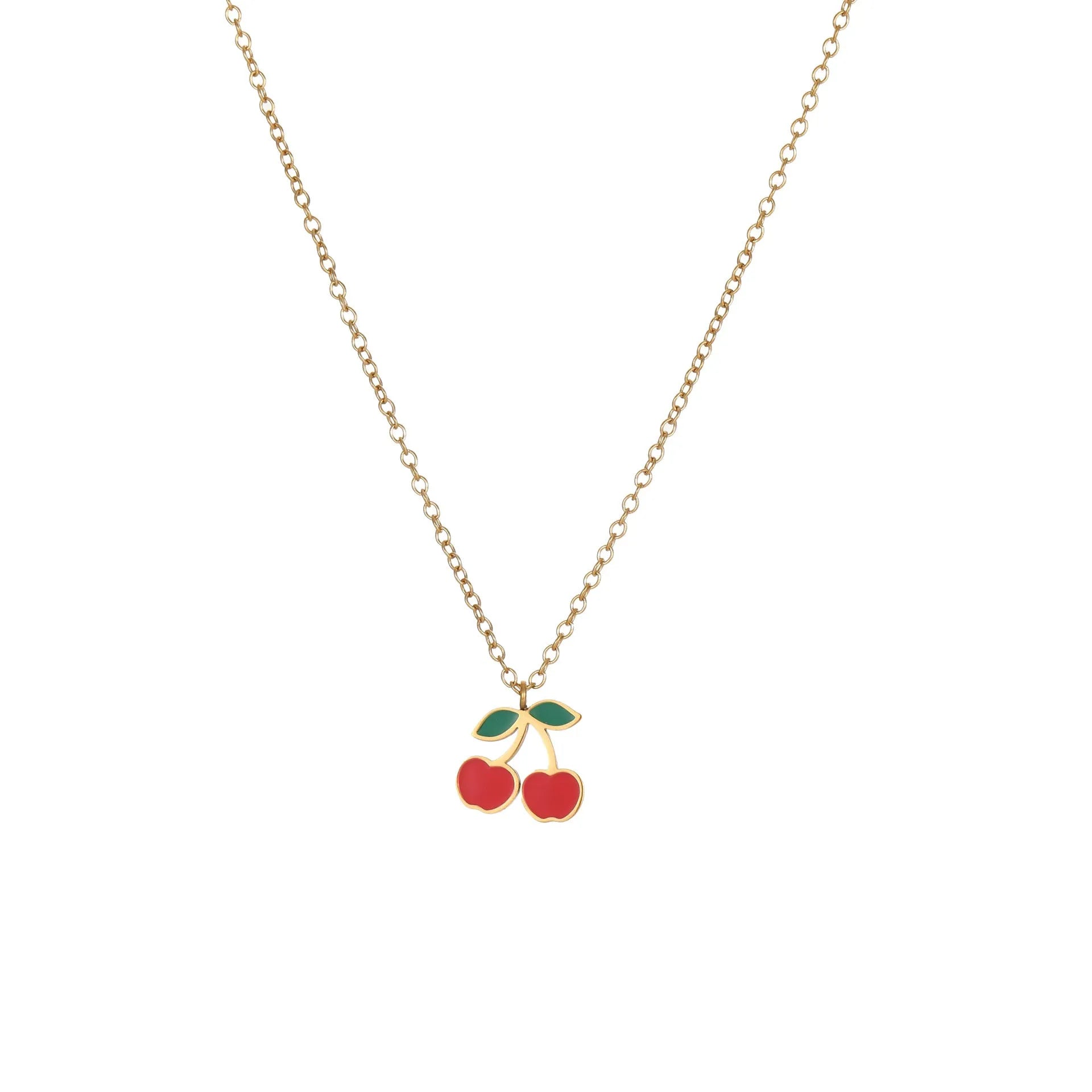 18K stainless steel cherry jewellery set with necklace, bracelet, earrings, and ring featuring geometric design