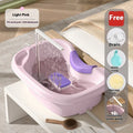 Portable plastic shampoo basin with circulating water pump and neck pillow for washing hair while lying in bed