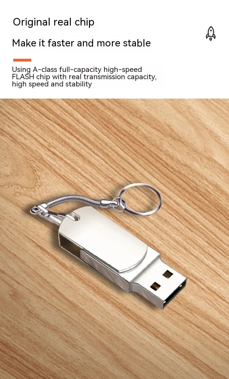White metal USB flash drive with rotating cap shown next to a UK 10p coin for scale