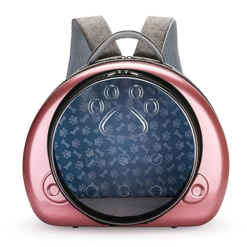 Transparent space capsule style cat carrier bag in PC canvas with Rose Gold front cover.