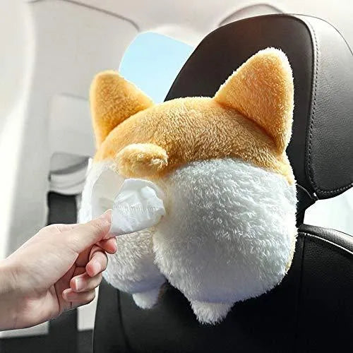 Soft yellow Corgi butt shaped tissue box cover with elastic strap for car sun visor
