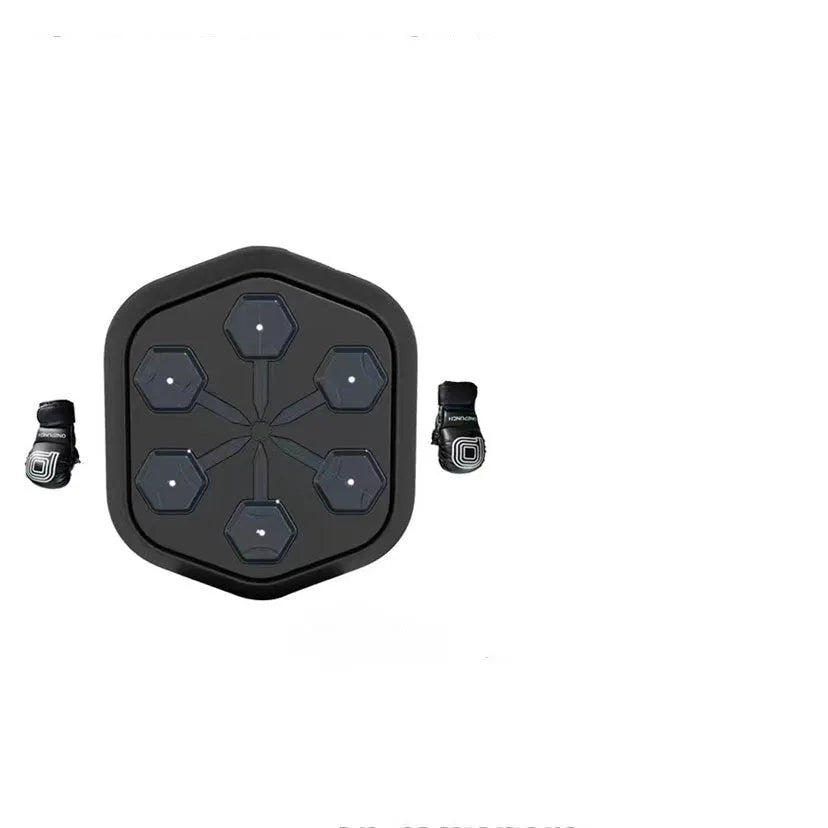 Black smart music boxing machine with Bluetooth connection and included gloves for home fitness training