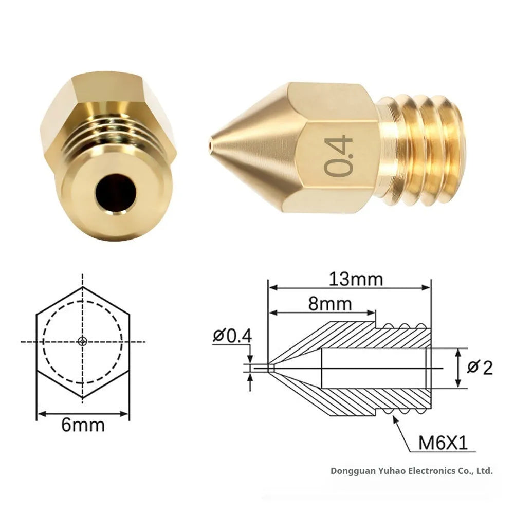 MK8 brass 3D printer nozzle with 0.4mm aperture and stainless steel cleaning pin on white background