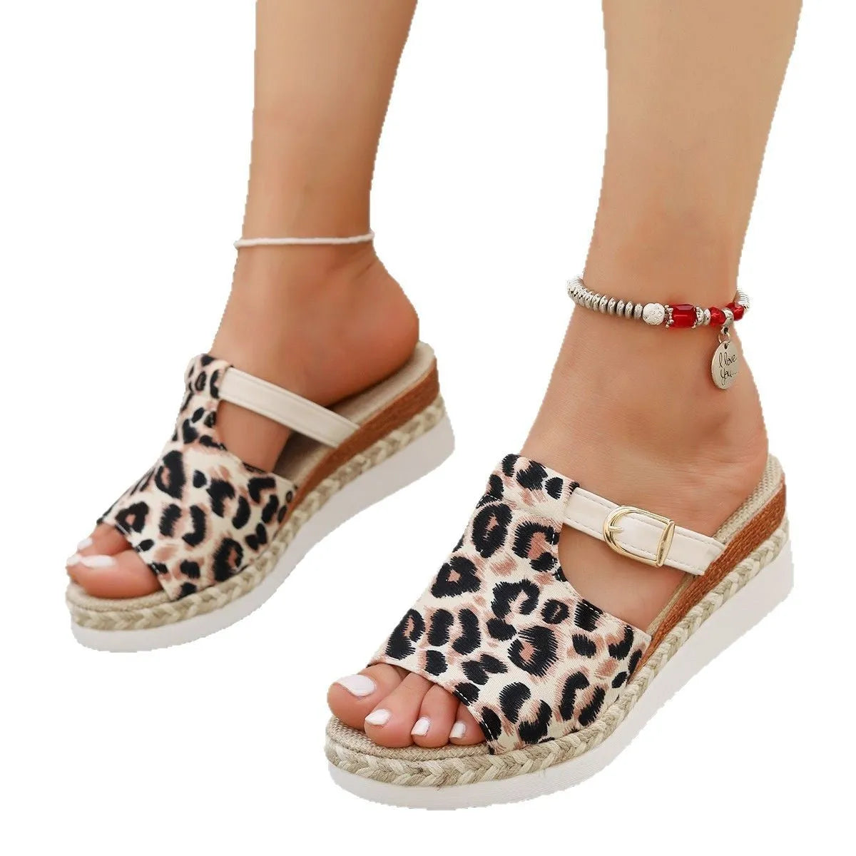 Leopard print wedge platform sandals with fish mouth toe in light green colour
