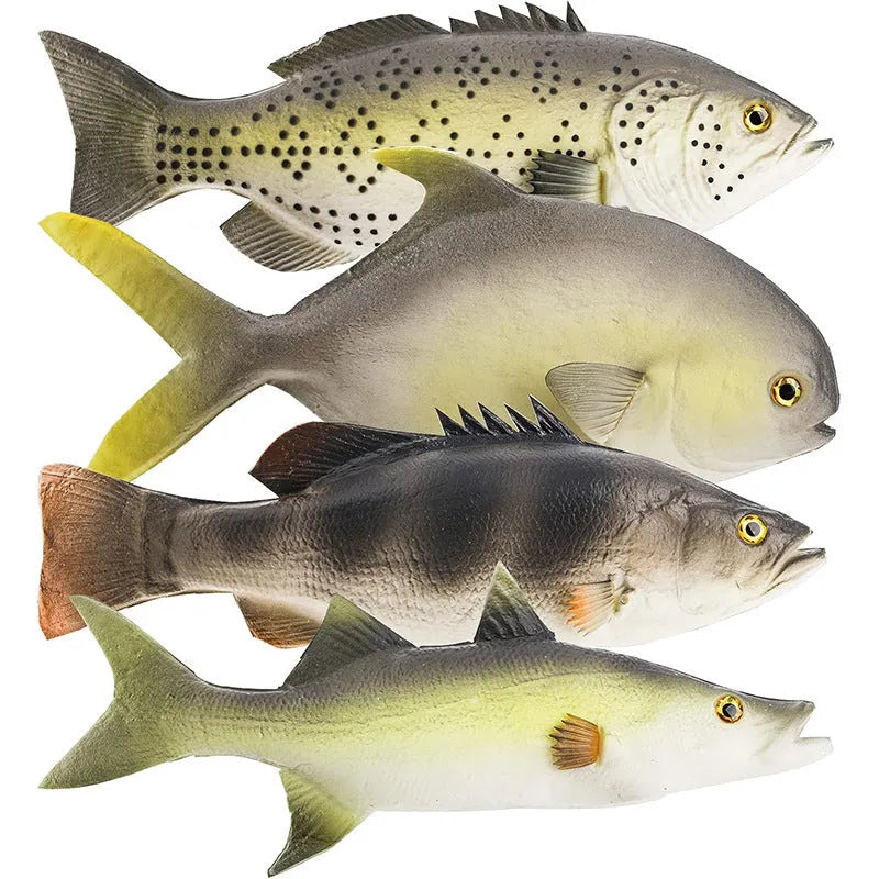Three PU simulated fish model ornaments showing yellow-fin tuna, yellow croaker, and flower fish designs