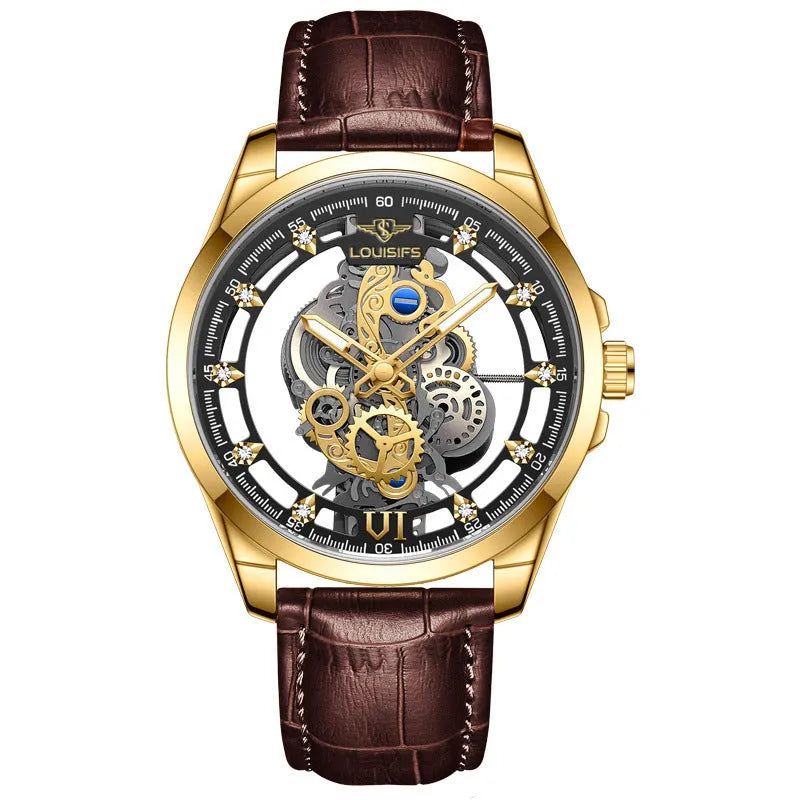 Men's Swiss quartz business watch with gold case and brown leather strap showing 12mm thickness