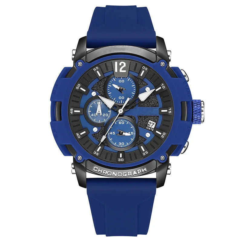 Men's digital watch with luminous display showing time and calendar on black wristband