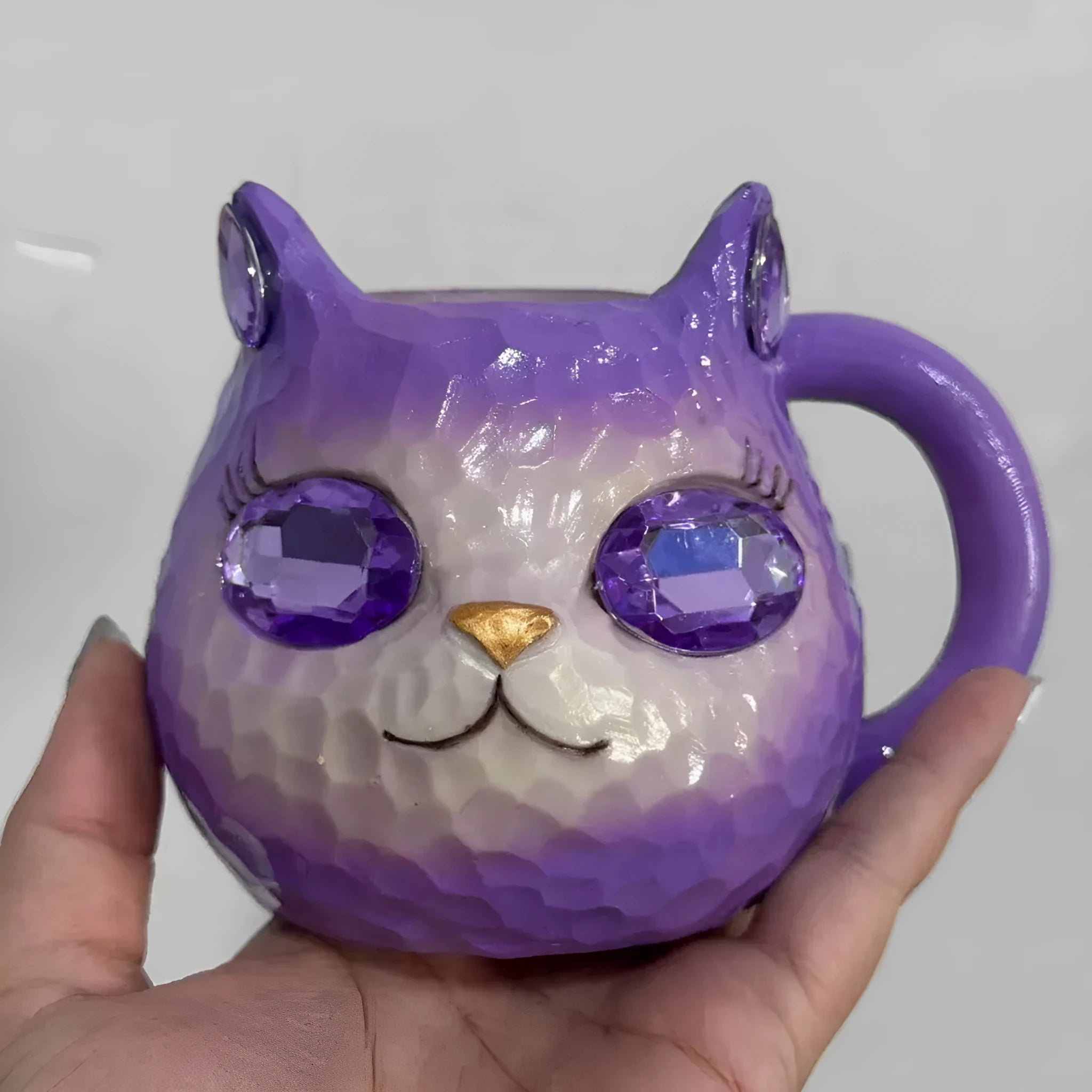 Resin crystal earth cat cup desk ornament in purple, green, blue, or pink colour with base