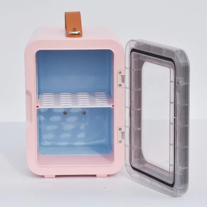 Pink mini refrigerator with transparent door showing 6L capacity for beauty product storage