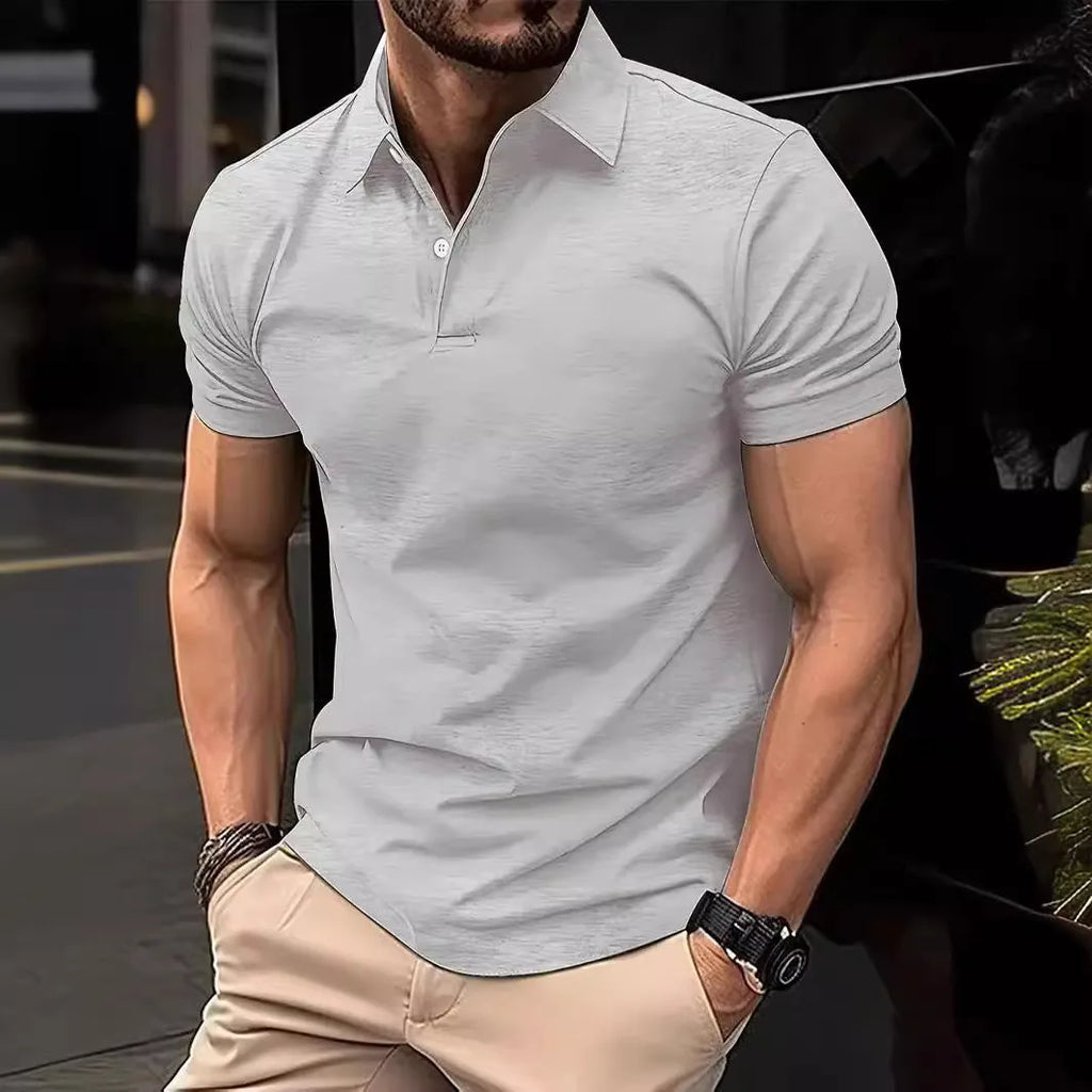 Men's slim fit short sleeve button shirt in a solid colour, showing front button placket and collar.