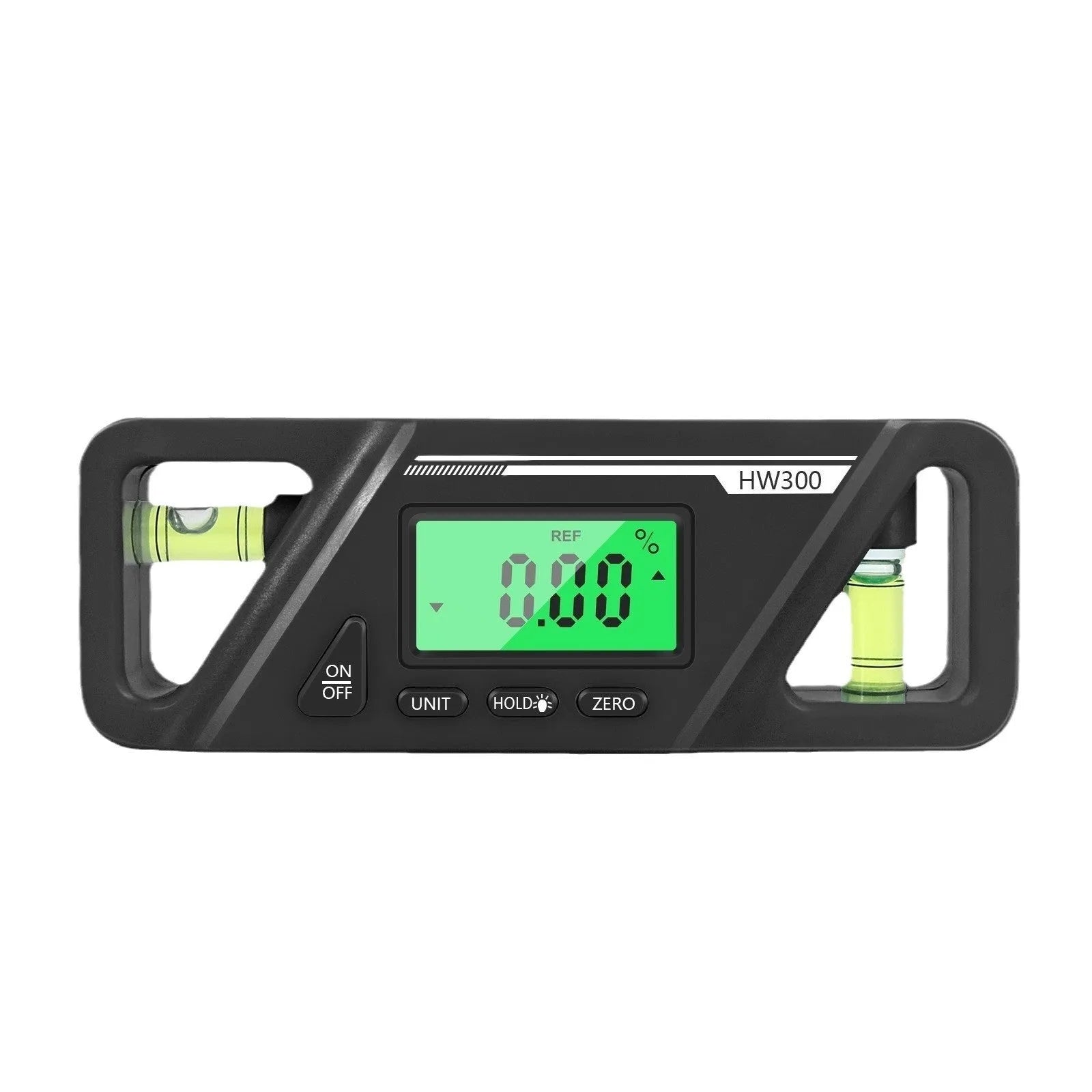 Black digital inclinometer level meter with magnetic base and LCD display showing angle reading.