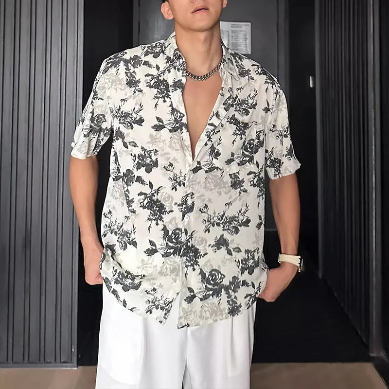 Loose fit floral printed short sleeve shirt in white or black with pendant-style front