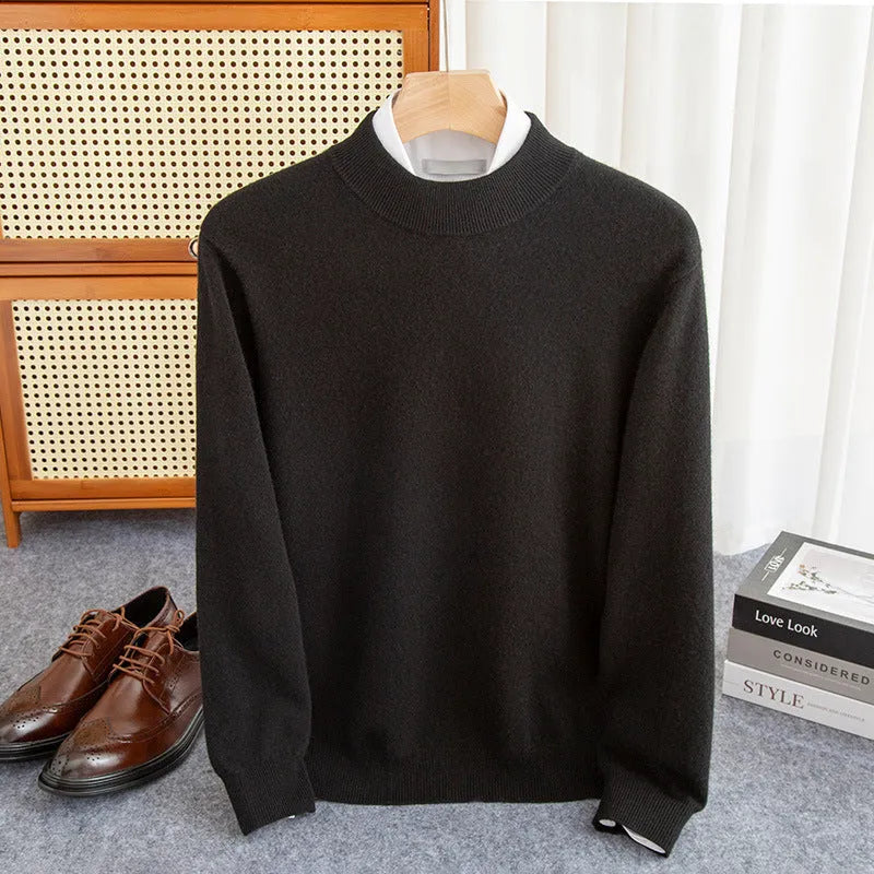 Man wearing a loose-fit half-collar wool sweater in a light business style for winter.
