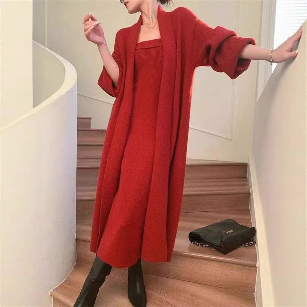 Women's grey knitted cardigan and dress two-piece set with long skirt and flocking detail