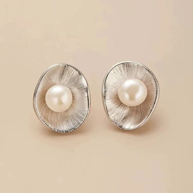 Pearl sterling silver geometric ear studs with needle posts for women