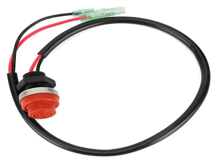 Yamaha outboard motor kill switch with coiled plastic and metal lanyard for engine safety.