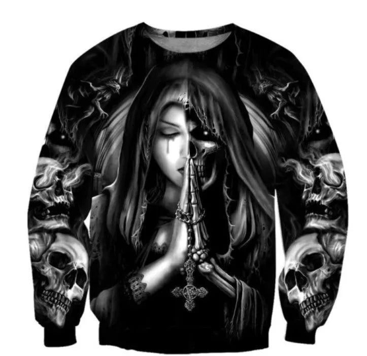 A hooded sweatshirt with a detailed Halloween-themed anime 3D printed skull design on the front.