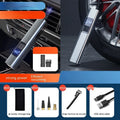 Wireless digital display car air pump and vacuum cleaner with USB-C cable and accessories.