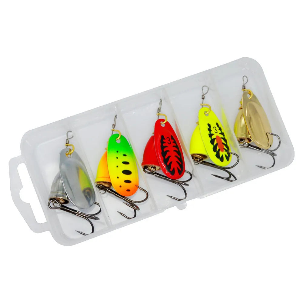 R Composite Rotating Sequins Copper Bell metal fishing lure in multiple colours including yellow green, gold, red, and silver.