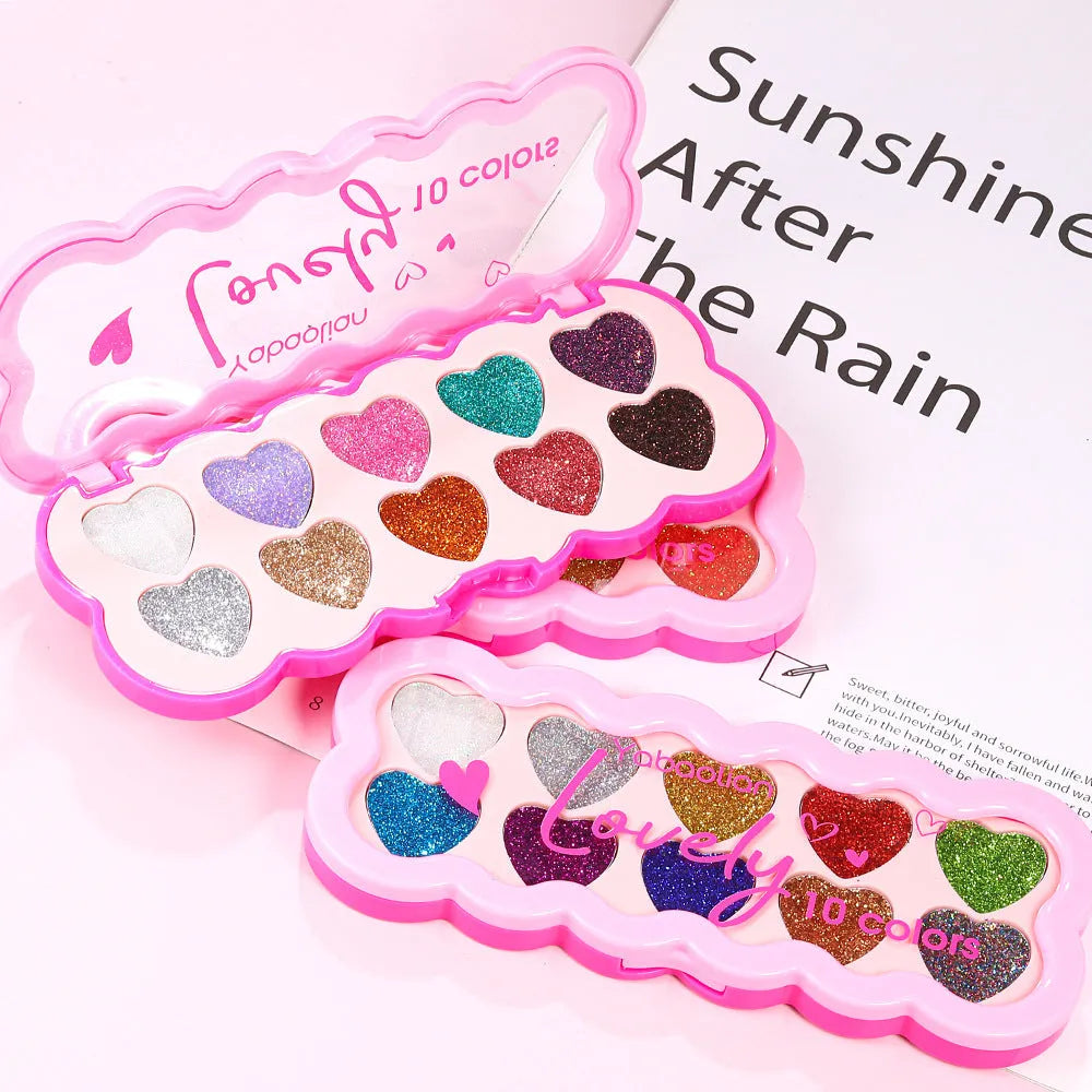 Pearlescent heart shaped ten colour eye shadow palette with sequin finishes for multiple makeup styles