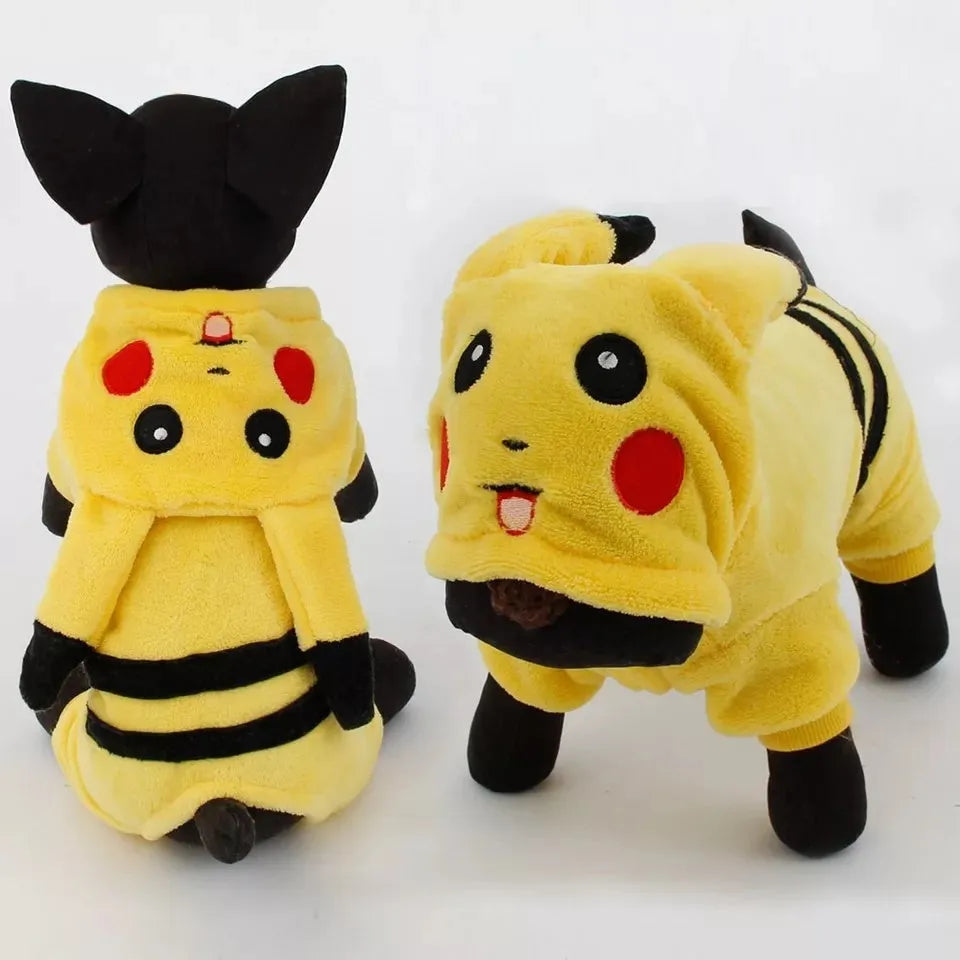 Cute cartoon-style fleece hoodie coat on a small cat or dog for autumn and winter.