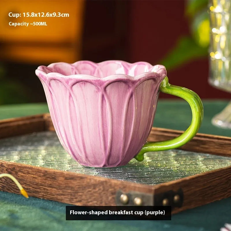 Red and purple ceramic breakfast mugs with floral pattern, 500ml capacity.