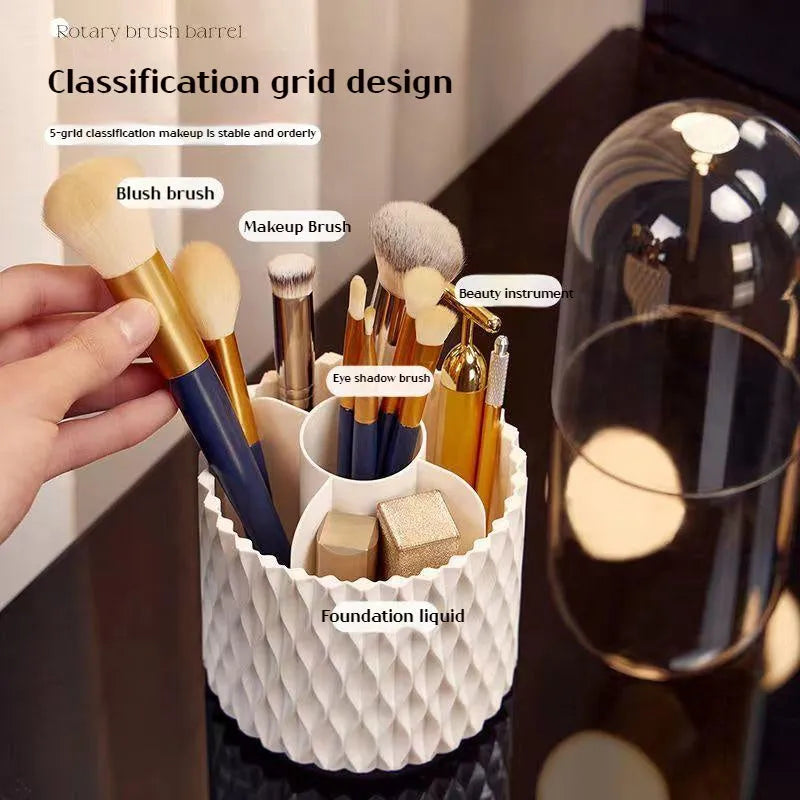 White rotating transparent makeup brush holder with dustproof lid on desktop