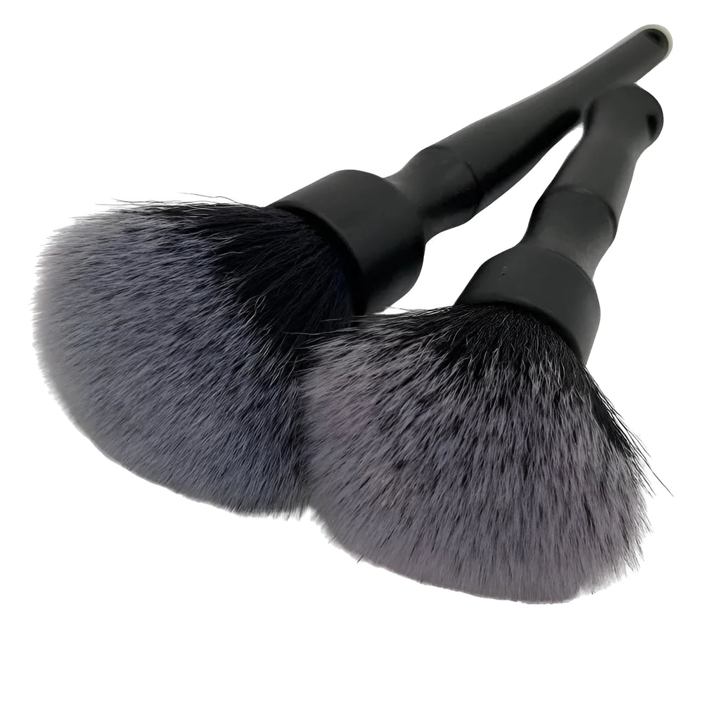 Black car detailing brush with super soft pig hair bristles and PP handle in two sizes for vehicle interior cleaning