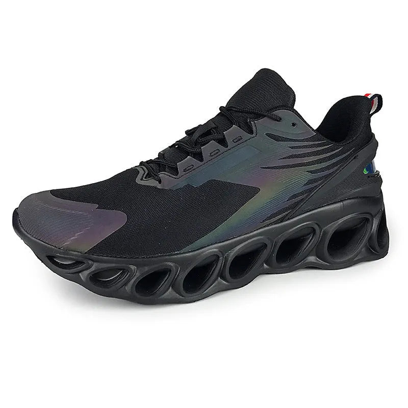 Men's low top casual shoes in black with mesh upper and white lace-up closure.