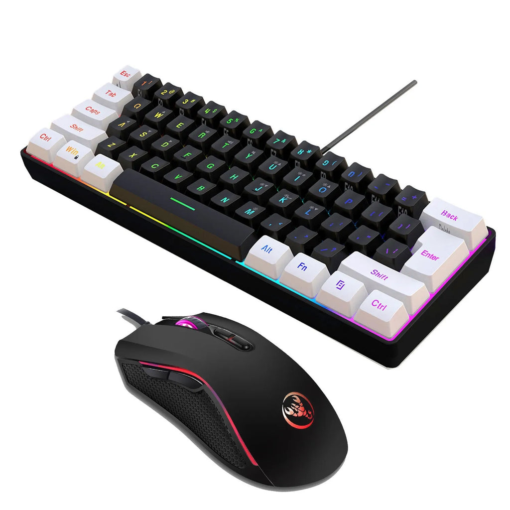 Wireless black and white keyboard and mouse suit with backlight illumination on desk
