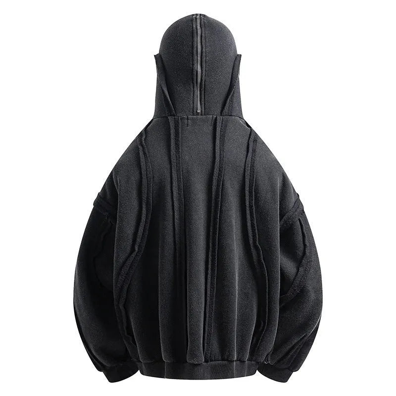 Black retro-style loose fit cotton cardigan coat with zip front, hood, and abstract pattern.