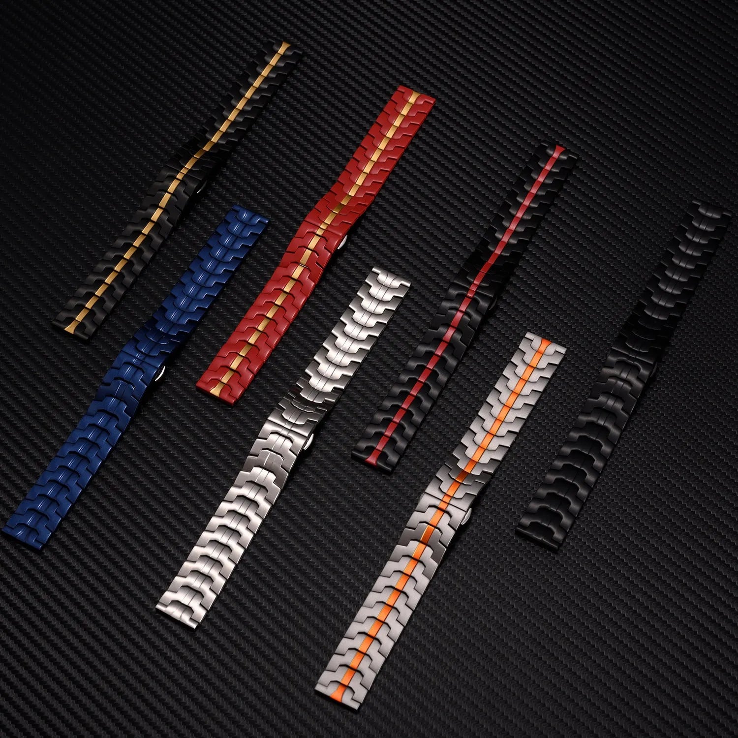 Stainless steel watch strap for Samsung Galaxy Watch in silver and black colour options.