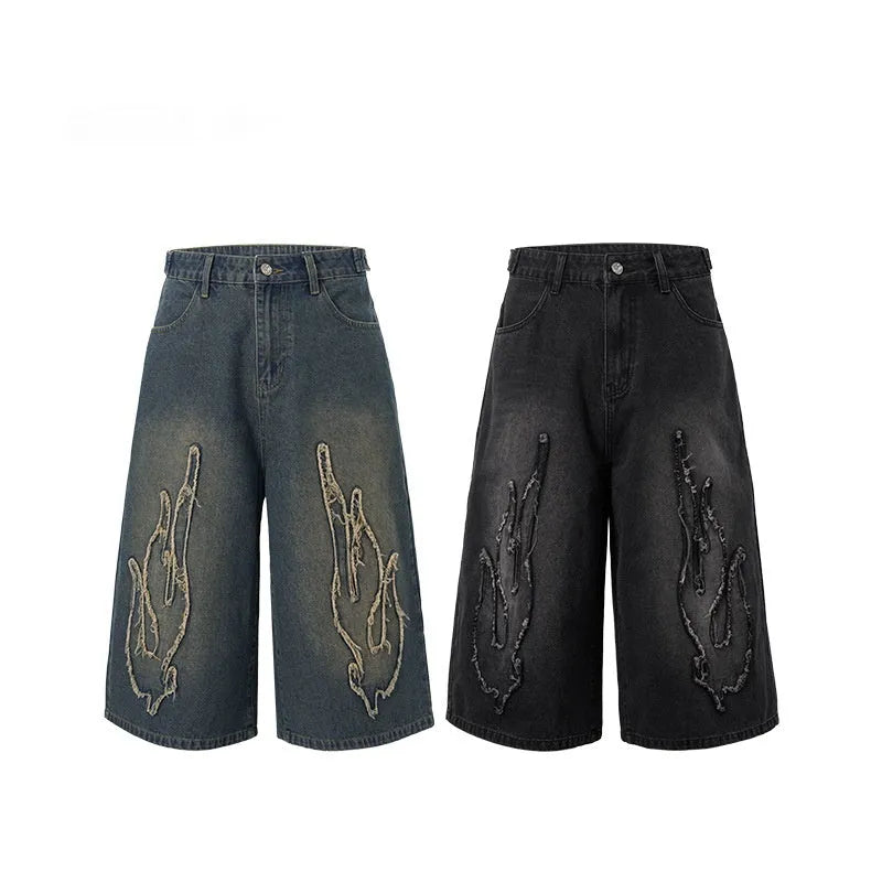 Men's black denim shorts with patch and flame embroidery, cropped length straight leg streetwear