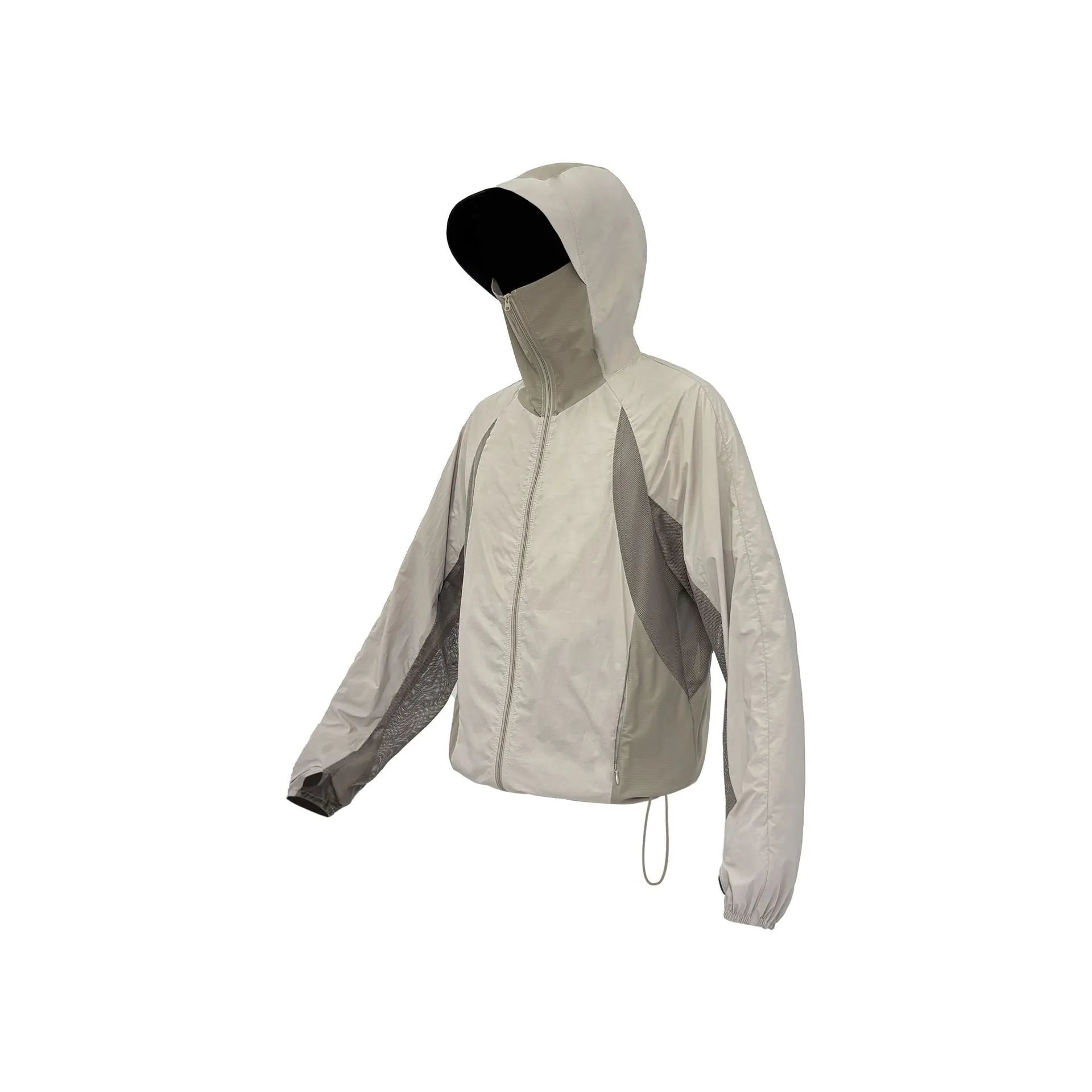Nylon sun protective clothes with mesh stitching in desert brown, light grey, red, and blue colours.