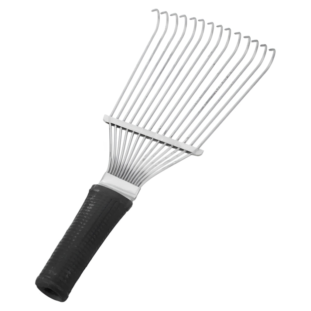 Black stainless steel pet grooming rake measuring 33cm for horses cattle dogs