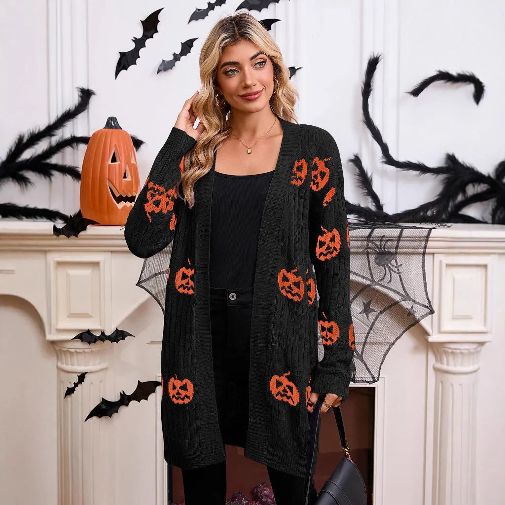 Women's black Halloween cardigan with orange pumpkin head jacquard pattern, medium length