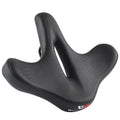 Black bicycle saddle cushion with leather exterior and thickened foam padding for shock absorption