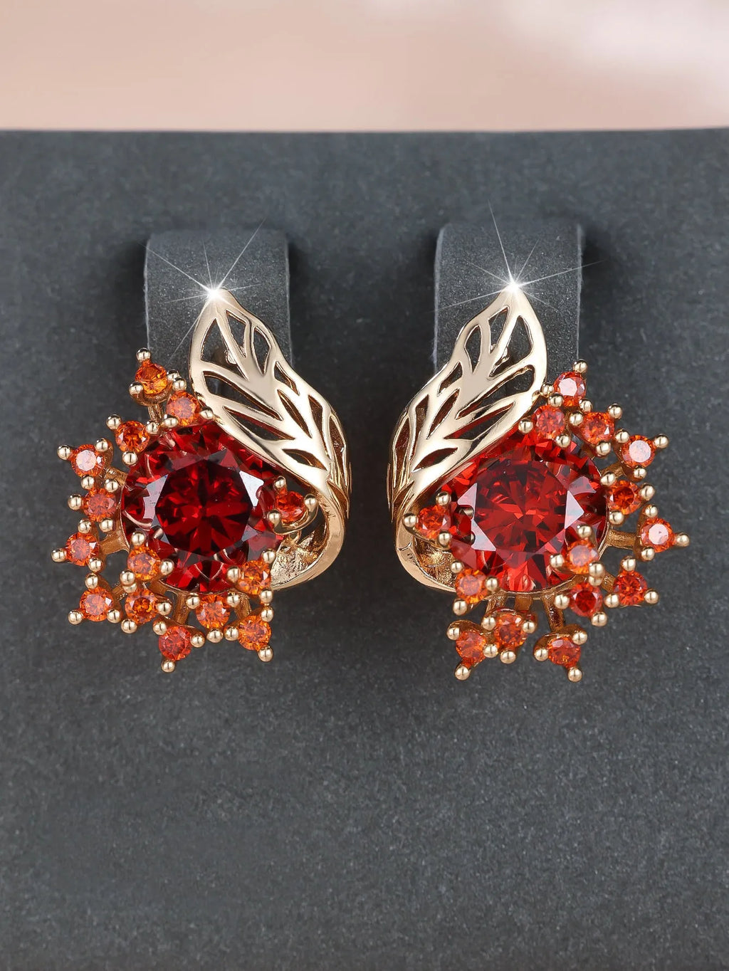 Round floral feather earrings with zircon diamonds in rose gold setting