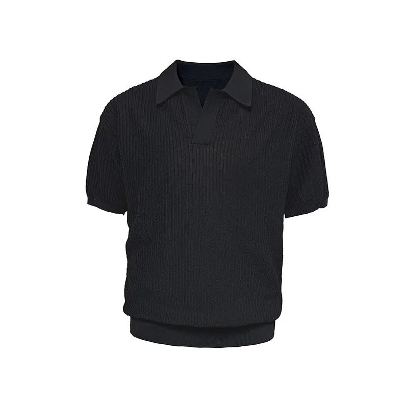 Business style polo shirt with stripes in ice silk breathable fabric, available in creamy-white, black, and grey colours