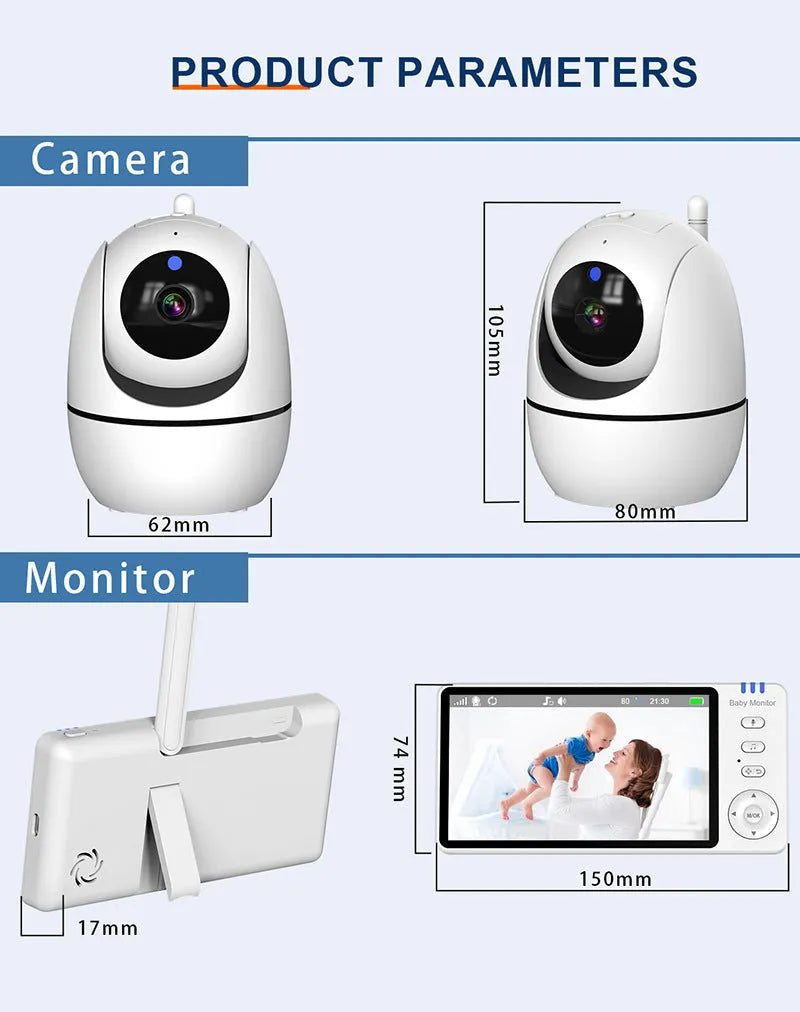 White HD wireless baby monitor with 5-inch screen and separate camera on a nursery shelf.