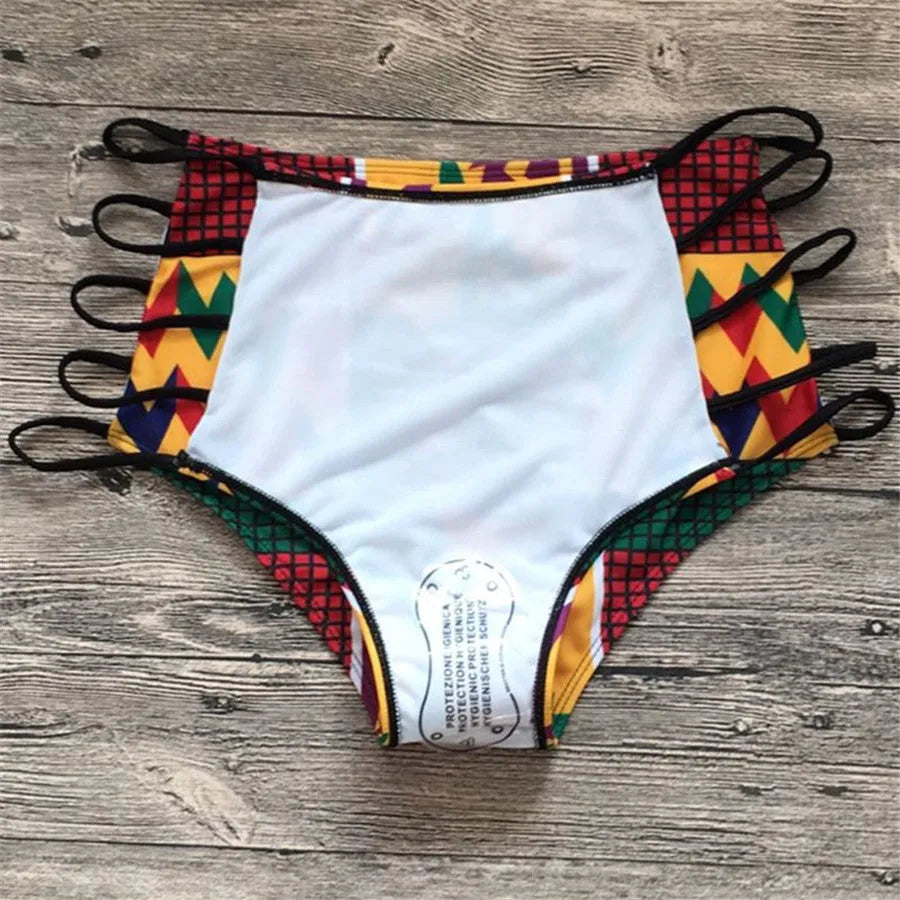 Women's high-waisted bikini set with digital print pattern, showing top and briefs.