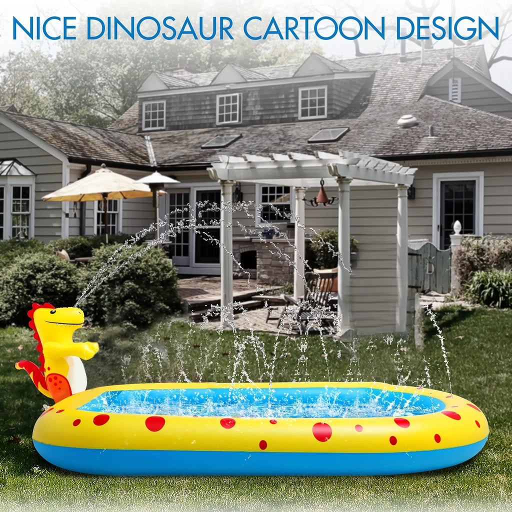 Blue inflatable dinosaur water spray pool with spray toys measuring 170cm long for outdoor play