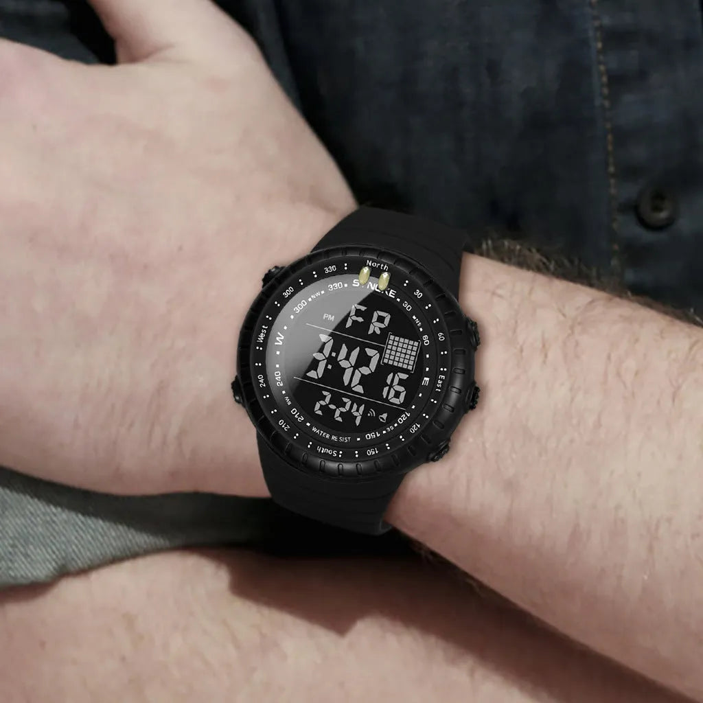 Men's black waterproof electronic watch with plastic case and adjustable PU strap