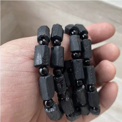 Natural black tourmaline rough stone unisex bracelet, 10mm size with Seiko processed beads.