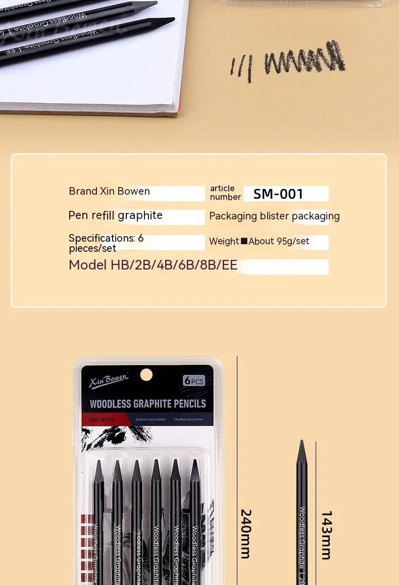 Set of six wood-free graphite sketching pencils with HB 2B 4B 6B 8B EE hardness grades
